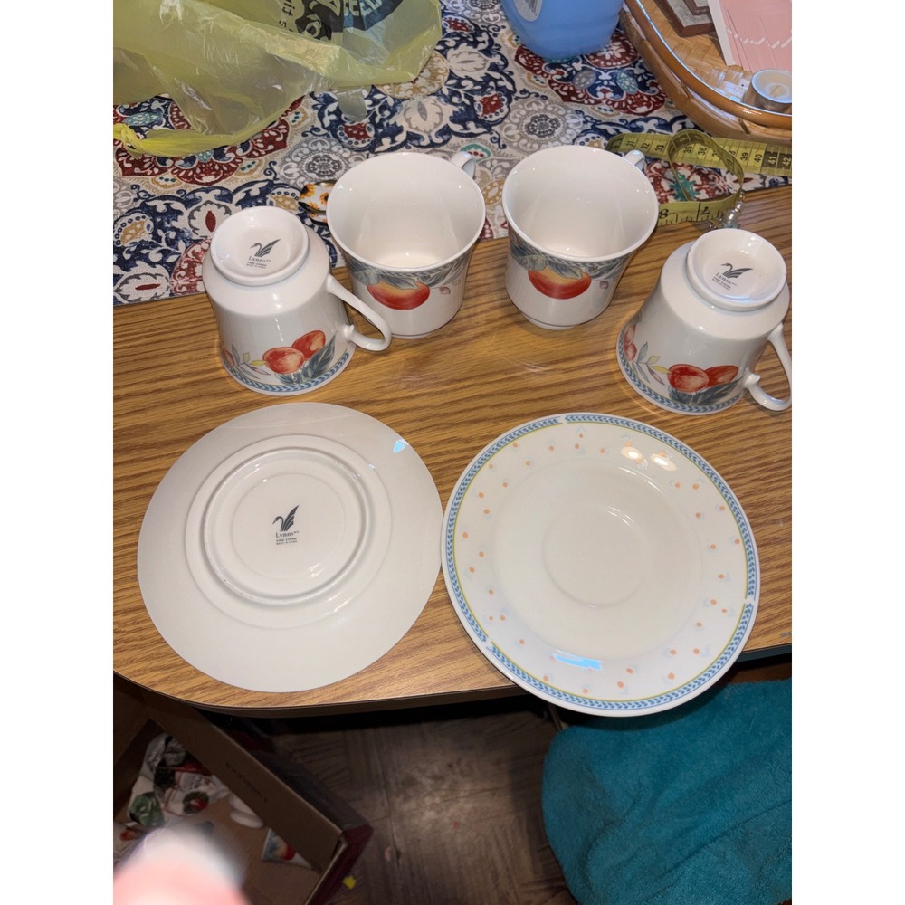 Lynns Fine China Fruit Peach Tea Cup and Saucer Set White Blue 32 Piece Set
